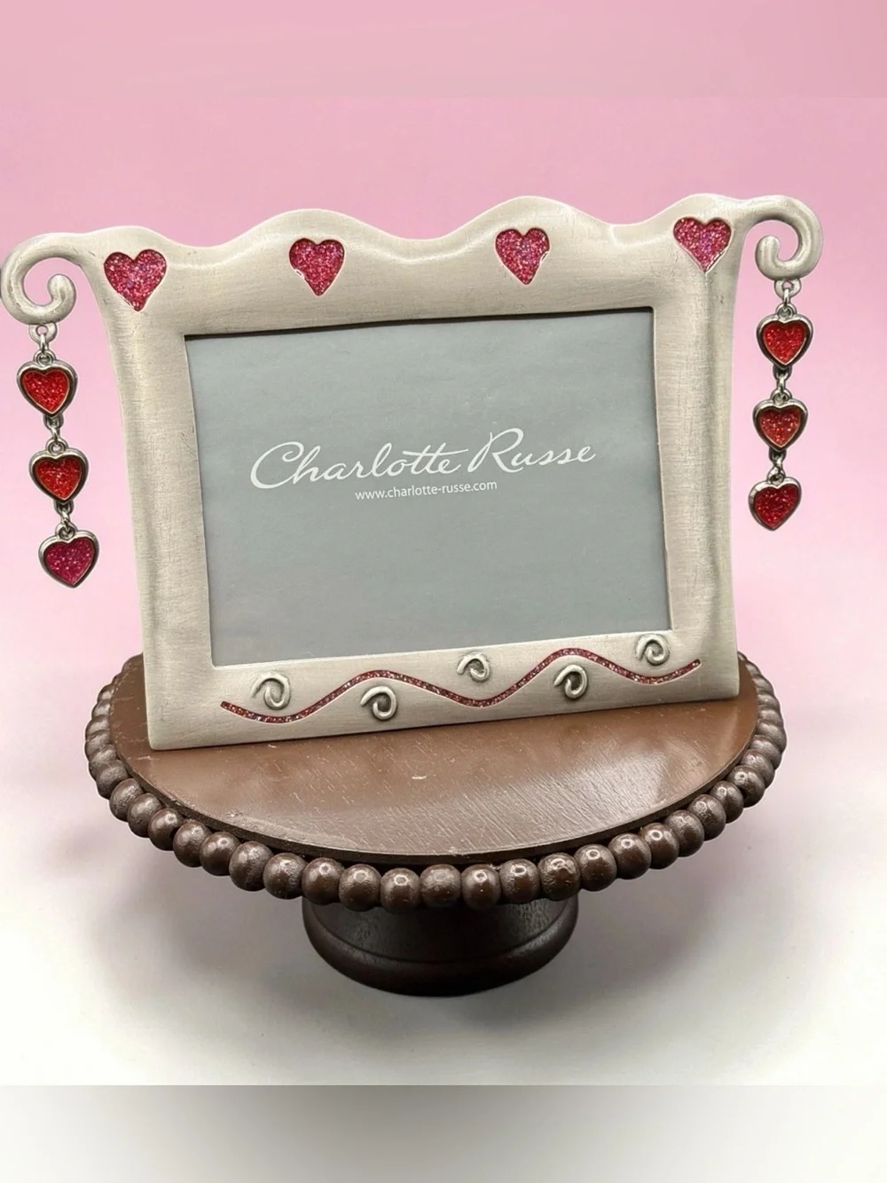 CUTE VTG 4x6 CHARLOTTE RUSSE PICTURE FRAME Glitter Dangling Hearts Pewter